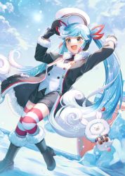 Rule 34 | 1girl, aqua eyes, aqua hair, blouse, blush, boots, buttons, coat, colored tips, curly hair, double-breasted, dutch angle, fur trim, gloves, gradient hair, hat, hatsune miku, high heels, holding, holding clothes, holding hat, multicolored hair, nanase (nns 6077), open mouth, project sekai, rabbit, red shirt, shirt, sky, smile, snow, standing, standing on one leg, striped clothes, striped thighhighs, swept bangs, thighhighs, unworn hat, unworn headwear, vocaloid, white hair, yuki miku, yuki miku (2022)