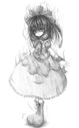 Rule 34 | 1girl, aura, boots, bow, cross-laced footwear, female focus, frills, front ponytail, full body, greyscale, hair bow, hair ornament, hair ribbon, kagiyama hina, kurona, long hair, monochrome, ribbon, simple background, solo, standing, touhou, traditional media, white background