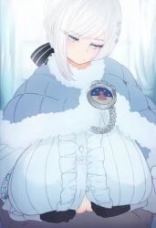 Rule 34 | 1boy, 1girl, akershus fortress (oshiro project), animated, black gloves, black ribbon, blouse, blue capelet, blue eyes, blue shirt, breasts, capelet, expressionless, frilled shirt, frills, fur capelet, futeiki kaisai shin corner, gloves, grabbing own breast, hair ribbon, hetero, huge breasts, long sleeves, looking down, looping animation, lowres, medium hair, open clothes, open shirt, oshiro project:re, paizuri, paizuri under clothes, pov, pov crotch, ribbon, shirt, solo focus, sound, tagme, upper body, video, white fur, white hair