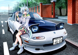 Rule 34 | 1girl, 3books, absurdres, animal ears, blue eyes, blue footwear, blue hair, boots, bracelet, brick wall, brown choker, car, choker, collarbone, commentary request, ear covers, eunos roadster, green shorts, head tilt, highres, horse ears, horse girl, horse tail, jewelry, looking at viewer, mazda, mazda mx-5, mazda mx-5 na, motor vehicle, partial commentary, seiun sky (umamusume), shirt, short hair, shorts, single ear cover, sitting, smile, solo, spoiler (automobile), tail, thigh strap, umamusume, v, vehicle focus, white shirt