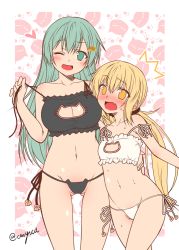 Rule 34 | 10s, 2girls, ^^^, aqua eyes, aqua hair, arm around waist, black bra, black panties, blonde hair, blush, bra, breasts, cat cutout, cat ear panties, cat lingerie, cleavage, cleavage cutout, clothing cutout, collarbone, fang, gluteal fold, hair ornament, hairclip, kantai collection, large breasts, long hair, looking at viewer, low twintails, meme attire, multiple girls, navel, one eye closed, open mouth, panties, partially visible vulva, satsuki (kancolle), side-tie panties, small breasts, smile, strap pull, strap slip, surprised, suzuya (kancolle), sweat, thigh gap, twintails, underwear, very long hair, white bra, white panties, yellow eyes, yua (checkmate)