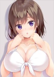 Rule 34 | 1girl, :o, ahoge, bad id, bad twitter id, bare arms, bare shoulders, bikini, breasts, brown hair, cleavage, collarbone, commentary, front-tie bikini top, front-tie top, grey background, hands up, highres, large breasts, looking at viewer, open mouth, original, pasdar, purple eyes, shadow, short hair, solo, swimsuit, upper body, white bikini