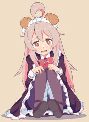Rule 34 | 1girl, absurdres, ahoge, alternate costume, animal ears, black footwear, black pantyhose, bow, bowtie, brown background, brown eyes, commentary request, dog ears, enmaided, frills, full body, grey hair, hair between eyes, hands on own knees, highres, long hair, long sleeves, looking at viewer, maid, maid headdress, multicolored hair, namari siro, onii-chan wa oshimai!, open mouth, oyama mahiro, pantyhose, pink hair, red bow, red bowtie, shoes, sidelocks, simple background, sitting, solo, sweatdrop, two-tone hair