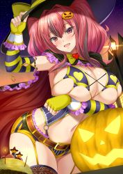 Rule 34 | 1girl, :d, azur lane, bare shoulders, belt, bikini, blush, breasts, bremerton (azur lane), cape, cleavage, commentary request, fingerless gloves, frilled cape, frills, gloves, hair ornament, hair scrunchie, halloween, hat, heart, highres, jack-o&#039;-lantern, jack-o&#039;-lantern hair ornament, large breasts, long hair, looking at viewer, mole, mole on breast, mole under eye, o-ring, o-ring bottom, open mouth, pink eyes, pink hair, revision, scrunchie, shibata rai, sidelocks, smile, solo, striped, swimsuit, thighs, twintails, vertical stripes, witch hat