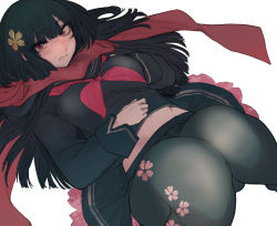 Rule 34 | 1girl, black hair, black pantyhose, black serafuku, blush, breasts, cherry blossom print, commentary, floral print, girls&#039; frontline, hair ornament, highres, knees together feet apart, knees up, kojima (blue stardust), long hair, long sleeves, looking at viewer, lying, medium breasts, midriff peek, navel, neckerchief, on back, open mouth, pantyhose, pleated skirt, red eyes, red scarf, sailor collar, scarf, school uniform, serafuku, skirt, solo, type 100 (girls&#039; frontline), white background