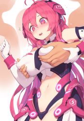 Rule 34 | 1boy, 1girl, absurdres, ahoge, blush, grabbing another&#039;s breast, breasts, detached sleeves, elbow gloves, flying sweatdrops, gloves, grabbing, grabbing from behind, hair between eyes, headgear, hetero, highres, large breasts, long hair, male hand, navel, open mouth, pepper0, pink eyes, pink hair, rasis, solo focus, sound voltex