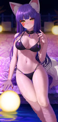 Rule 34 | 1girl, animal ears, bikini, blurry, blush, breasts, cleavage, commentary request, daji (monster strike), depth of field, facial mark, fringe trim, highres, kohanayuki, long hair, looking at viewer, monster strike, nail polish, night, outdoors, partially submerged, pool, purple hair, sitting, slit pupils, solo, swimsuit, tail, tattoo, thighs, twitter username, wet, yellow eyes
