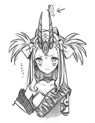 Rule 34 | 1girl, blush, bug, butterfly, closed mouth, cropped torso, fang, fate/grand order, fate (series), forehead, frown, greyscale, hand on own hip, horns, ibaraki douji (fate), bug, long hair, looking at viewer, monochrome, oni horns, saboten, sidelocks, simple background, solo, tattoo, two side up, upper body
