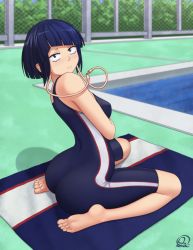 Rule 34 | 1girl, ass, bare shoulders, blush, boku no hero academia, breasts, earlobes, feet, jirou kyouka, looking at viewer, one-piece swimsuit, pool, purple eyes, purple hair, rocky-ace, school swimsuit, short hair, sitting, sleeveless, small breasts, solo, swimsuit, thighs, wariza