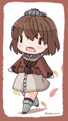 Rule 34 | 1girl, blush stickers, border, brown hair, chibi, dress, hair ornament, headgear, highres, kantai collection, leaf, long sleeves, open mouth, poipoi purin, red border, red sailor collar, sailor collar, sailor dress, short hair, simple background, solo, tan yang (kancolle), teeth, twitter username, upper teeth only, walking, yukikaze (kancolle)