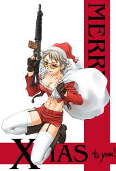 Rule 34 | 1girl, assault rifle, bang-you, boots, breasts, brown gloves, christmas, cleavage, fingerless gloves, garter belt, gloves, gun, medium breasts, rifle, santa costume, short hair, sig sauer, sig sg 550, solo, stray bullets, sunglasses, thighhighs, trigger discipline, weapon, white thighhighs