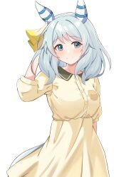 Rule 34 | 1girl, absurdres, animal ears, arm up, blush, breasts, closed mouth, commentary request, cowboy shot, dress, ear covers, ear ornament, grey eyes, grey hair, highres, hishi miracle (umamusume), horse ears, horse girl, horse tail, medium breasts, medium hair, olecafe2, simple background, smile, solo, tail, umamusume, white background, yellow dress