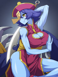 Rule 34 | 1girl, biceps, blue hair, blue skin, breasts, chinese clothes, claws, cleavage, cleavage cutout, closed mouth, clothing cutout, colored skin, dress, flipped hair, hat, highres, jiangshi, large breasts, lei lei, mimizu (tokagex), short hair, simple background, smile, solo, vampire (game), yellow eyes