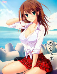Rule 34 | 1girl, arm behind head, blue bra, blush, bra, breasts, brown hair, cleavage, dress shirt, front-tie top, green eyes, hatsukoi 1/1, highres, koizumi amane, large breasts, loafers, long hair, looking at viewer, midriff, miniskirt, ocean, open clothes, open shirt, plaid, plaid skirt, pleated skirt, scan, shiny skin, shirt, shoes, signature, sitting, skirt, sleeves rolled up, smile, solo, third-party edit, tied shirt, tokizaki maya, underwear, water