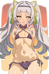 Rule 34 | 1girl, absurdres, alternate costume, arched bangs, arms behind back, bikini, blush, breasts, grey hair, highres, hololive, iwano kenta, long hair, looking at viewer, murasaki shion, navel, open mouth, purple bikini, short eyebrows, small breasts, solo, swimsuit, tan, twintails, virtual youtuber, yellow eyes
