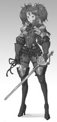 Rule 34 | 1girl, armor, boots, breastplate, breasts, gloves, greyscale, high heels, kilart, monochrome, original, pauldrons, rapier, short hair, short twintails, shoulder armor, solo, sword, thigh boots, thighhighs, twintails, weapon