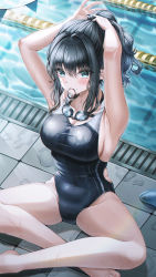 Rule 34 | 1girl, absurdres, armpits, arms up, bare arms, bare legs, barefoot, black hair, black one-piece swimsuit, blue eyes, blush, breasts, closed mouth, competition swimsuit, goggles, goggles around neck, hair between eyes, hair tie in mouth, highres, indian style, lane line, large breasts, long hair, looking at viewer, mole, mole under mouth, mouth hold, one-piece swimsuit, original, ponytail, poolside, sidelocks, sitting, solo, swimsuit, tying hair, wet, wol (wol 927)