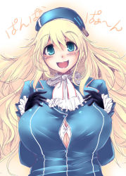Rule 34 | 10s, 1girl, akira aoi, atago (kancolle), blonde hair, blue eyes, blue hat, blush, breasts, gloves, hat, kantai collection, kusaka eiki, large breasts, long hair, open mouth, personification, smile, solo