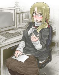 Rule 34 | 00s, 1girl, aged up, annoyed, bespectacled, black pantyhose, blonde hair, blush, breasts, cardigan, chair, computer, freckles, glasses, hair ribbon, idolmaster, idolmaster dearly stars, long skirt, office chair, pantyhose, paper, pen, ponytail, red eyes, ribbon, sitting, skirt, solo, suzuki ayane, sweat, sweater, swivel chair, tobatoinu