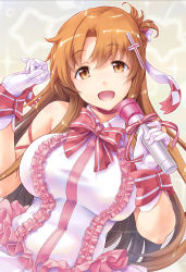Rule 34 | 10s, 1girl, :d, asuna (sao), bare shoulders, bow, breasts, brown eyes, brown hair, cross hair ornament, frilled shirt, frills, gloves, hair ornament, highres, idol, kiyama satoshi, large breasts, long hair, looking at viewer, microphone, open mouth, shirt, skirt, sleeveless, sleeveless shirt, smile, solo, sword art online, very long hair, white gloves