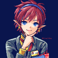 Rule 34 | 1girl, blue background, blue eyes, blue hairband, chisato madison, closed mouth, earrings, grey jacket, hairband, hand on own chin, hiroita, holding, holding pen, jacket, jewelry, long sleeves, looking at viewer, lowres, name tag, pen, pixel art, pointy ears, red background, shirt, short hair, signature, smile, solo, star ocean, star ocean the second story, upper body, yellow shirt