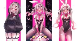 Rule 34 | alternate costume, blush, breasts, clothing cutout, cosplay, doughnut, facemask, fang, fishnets, food, garter straps, gradient hair, hair ornament, hands on pockets, hatsune miku, heart, heart-shaped pupils, heart cutout, hololive, hood, hoodie, horns, leotard, long hair, medium breasts, multicolored hair, nakiri ayame, necktie, oni, open mouth, pink background, pink hair, playboy bunny, polearm, poyoyo (nakiri ayame), pure pure (rabbit hole), red eyes, sitting, smile, symbol-shaped pupils, teardrop facial mark, teeth, terra bose, twintails, weapon, white hair, x hair ornament