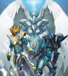 Rule 34 | 3boys, aqua background, armor, arms at sides, bat (animal), bat genome, bat wings, belt, blue background, blue bodysuit, blue headwear, bodysuit, boots, character name, commentary, cowl, dark foreground, driver (kamen rider), elbow spikes, evilblade, fake horns, flower, flying, forest, full body, gauntlets, gloves, glowing, glowing eyes, helmet, high collar, highres, holding, holding weapon, holy live, horned helmet, horns, huujyu, kamen rider, kamen rider evil, kamen rider live, kamen rider revice, looking at viewer, male focus, multiple boys, multiple persona, nature, open hands, orange eyes, reiwa, rider belt, shoulder armor, simple background, sketch, sky, solo, spiked armor, spiked helmet, standing, stylistic, tokusatsu, two sidriver, visor, visor (armor), weapon, white armor, white wings, wing genome, wings, zipper