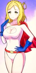 Rule 34 | 1girl, absurdres, belt, blonde hair, blue gloves, blush, braid, breasts, cape, cleavage, cleavage cutout, clothing cutout, cosplay, dc comics, female focus, gloves, hand on own hip, highres, large breasts, leotard, long sleeves, looking at viewer, love live!, love live! sunshine!!, mnkr98, ohara mari, power girl, power girl (cosplay), red belt, red cape, short hair, smile, standing, white leotard, yellow eyes