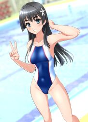 Rule 34 | 1girl, absurdres, black hair, blue one-piece swimsuit, commentary request, competition swimsuit, covered navel, feet out of frame, flower, green eyes, grin, groin, hair flower, hair ornament, highleg, highleg swimsuit, highres, long hair, one-piece swimsuit, partial commentary, pool, saten ruiko, smile, solo, standing, swimsuit, takafumi, toaru kagaku no railgun, toaru majutsu no index, two-tone swimsuit, v, variant set
