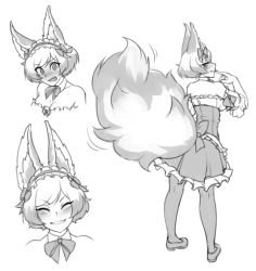 Rule 34 | 1girl, :d, ^ ^, animal ears, bare shoulders, bush, detached sleeves, dress, embarrassed, expressions, closed eyes, finger to mouth, fox ears, fox tail, from behind, headdress, highres, looking back, monochrome, monorus, motion lines, multiple views, open mouth, original, puffy short sleeves, puffy sleeves, short hair, short sleeves, slit pupils, smile, tail, tail wagging