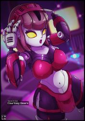 Rule 34 | 1girl, absurdres, android, breasts, brown hair, courtney gears, headband, highres, joints, lipstick, makeup, metallic breasts, nanzisi 69, navel, no pupils, ratchet &amp; clank, robot ears, robot girl, robot joints, three fingers, yellow eyes