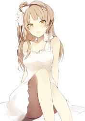 Rule 34 | 10s, 1girl, :d, arms behind back, asymmetrical clothes, bare legs, blush, bow, brown eyes, brown hair, collarbone, dress, hair bow, knees up, looking at viewer, love live!, love live! school idol project, lpip, minami kotori, open mouth, side ponytail, simple background, single strap, smile, solo, tareme, thighs, white background, white bow, white dress