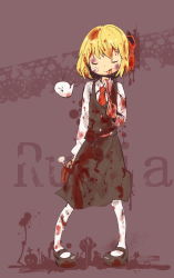 Rule 34 | 1girl, blonde hair, blood, blood on clothes, bone, boned meat, bruise, embodiment of scarlet devil, closed eyes, female focus, food, ghost, injury, kusahama, licking lips, mary janes, meat, rumia, shoes, short hair, solo, tongue, tongue out, torn clothes, touhou