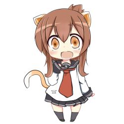 Rule 34 | 10s, 1girl, anchor symbol, animal ears, black socks, blush, brown eyes, brown hair, cat ears, cat tail, chibi, commentary request, folded ponytail, inazuma (kancolle), kantai collection, kemonomimi mode, kneehighs, looking at viewer, md5 mismatch, neckerchief, open mouth, pleated skirt, school uniform, serafuku, skirt, sleeves past wrists, smile, socks, solo, standing, tail, yuu (alsiel)