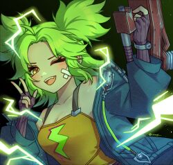 Rule 34 | ;d, ahoge, bandaid, bandaid on face, blue jacket, breasts, brown gloves, dark background, electricity, electrokinesis, fingerless gloves, gloves, green hair, gun, hand up, highres, holding, holding gun, holding weapon, jacket, league of legends, lightning bolt symbol, medium breasts, nhom (woogi), one eye closed, open clothes, open jacket, open mouth, parted bangs, smile, tank top, twintails, w, weapon, yellow eyes, yellow tank top, zeri (league of legends)