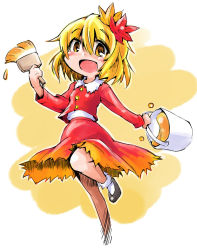 Rule 34 | 1girl, aki shizuha, blonde hair, hair ornament, leaf hair ornament, long sleeves, looking at viewer, open mouth, paint can, paintbrush, shinapuu, shirt, skirt, skirt set, smile, solo, standing, standing on one leg, touhou, yellow eyes