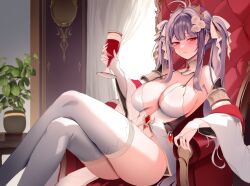 Rule 34 | 1girl, absurdres, ahoge, alcohol, armlet, babydoll, bare shoulders, blush, bow, breasts, bridal garter, closed mouth, crossed legs, detached sleeves, drink, eyes visible through hair, feet out of frame, fingernails, flower, hair bow, hair flower, hair ornament, highres, holding, holding drink, indoors, jewelry, large breasts, long hair, looking at viewer, mole, mole under eye, original, pink hair, red eyes, revision, sitting, sitting on throne, solo, spaghetti strap, thighhighs, throne, twintails, white babydoll, white bow, white flower, white sleeves, white thighhighs, wide sleeves, wine, zerocat, zeru (zerocat)
