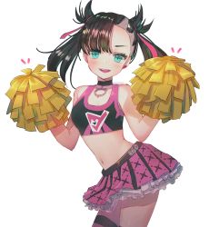 Rule 34 | 1girl, asymmetrical bangs, bare arms, bare shoulders, black hair, black shirt, blue eyes, breasts, cheerleader, choker, cowboy shot, creatures (company), crop top, earrings, frilled skirt, frills, game freak, hanato (seonoaiko), hands up, highres, holding, holding pom poms, jewelry, long hair, looking at viewer, marnie (pokemon), midriff, miniskirt, navel, nintendo, open mouth, pink skirt, pleated skirt, pokemon, pokemon swsh, pom pom (cheerleading), pom poms, shirt, simple background, skirt, sleeveless, sleeveless shirt, small breasts, smile, solo, thighhighs, twintails, white background, zettai ryouiki