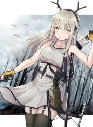 Rule 34 | 1girl, absurdres, antlers, arknights, bare arms, bare shoulders, black thighhighs, bow (weapon), breasts, commentary request, cowboy shot, crossbow, dress, firewatch (arknights), firewatch (wilted cypress) (arknights), garter straps, gloves, grey dress, grey eyes, grey hair, highres, holding, horns, long hair, looking at viewer, mango (mgo), official alternate costume, parted lips, short dress, sleeveless, sleeveless dress, small breasts, solo, standing, thighhighs, weapon, zettai ryouiki