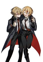 Rule 34 | 1boy, 1girl, ^ ^, black pants, blonde hair, blood, blood on clothes, blood on face, carrying over shoulder, closed eyes, collared shirt, crying, don quixote (project moon), formal, highres, injury, jacket, limbus company, mu46016419, necktie, one eye closed, open clothes, open jacket, open mouth, pants, project moon, shirt, sinclair (project moon), smile, standing, standing on one leg, suit, white background, white shirt