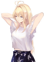 Rule 34 | 1girl, absurdres, adjusting hair, ahoge, akito (d30n26), arms behind head, arms up, blonde hair, blouse, blue eyes, blue skirt, breasts, clothing cutout, detached sleeves, floral print, granblue fantasy, hair between eyes, highres, jeanne d&#039;arc (granblue fantasy), lips, lipstick, long hair, looking away, makeup, medium breasts, parted lips, pink lips, shingeki no bahamut, shirt, short sleeves, shoulder cutout, simple background, skirt, solo, upper body, very long hair, white background, white shirt