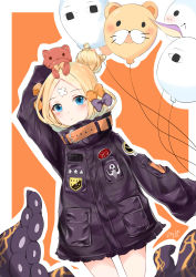 Rule 34 | 1girl, abigail williams (fate), abigail williams (traveling outfit) (fate), absurdres, arm up, balloon, bandaid, bandaid on face, bandaid on forehead, black bow, black jacket, blonde hair, blue eyes, blush, bow, commentary request, dated, dutch angle, fate/grand order, fate (series), hair bow, hair bun, highres, jacket, long hair, long sleeves, looking at viewer, medjed (fate), official alternate costume, on head, orange bow, outline, parted bangs, polka dot, polka dot bow, signature, single hair bun, sleeves past fingers, sleeves past wrists, solo, stuffed animal, stuffed toy, suction cups, teddy bear, tentacles, white outline, yukineko1018