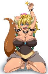 Rule 34 | 1girl, absurdres, armlet, armpits, bare legs, barefoot, blonde hair, blue eyes, bowsette, bracelet, breasts, cleavage, collar, crown, enetheligthingdancer, fingernails, green eyes, high ponytail, highres, jewelry, large breasts, long fingernails, long hair, looking at viewer, mario (series), new super mario bros. u deluxe, nintendo, open mouth, ponytail, sharp teeth, simple background, smile, solo, spiked armlet, spiked bracelet, spiked collar, spikes, super crown, tail, teeth, thick tail, tongue, turtle shell, white background