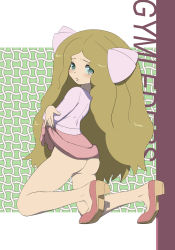 Rule 34 | 1girl, arched back, ass, blonde hair, blush, caitlin (pokemon), clothes lift, commentary request, creatures (company), eyelashes, full body, game freak, grey eyes, highres, kneeling, long hair, looking at viewer, looking back, makoto daikichi, nintendo, outline, parted bangs, pink footwear, pink skirt, pokemon, pokemon dppt, pokemon platinum, raised eyebrows, shirt, shoes, sidelocks, skirt, skirt lift, solo, tiptoes