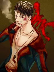 Rule 34 | black hair, blood, bruise, capcom, cigarette, dante (dmc: devil may cry), devil may cry (series), dmc: devil may cry, injury, jewelry, male focus, necklace, red eyes, smoking