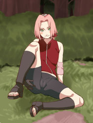 Rule 34 | 1girl, arm support, arm warmers, ass, bare shoulders, bike shorts, black footwear, black gloves, blush, boots, cameltoe, crotch, flat chest, gloves, grass, green eyes, hand on ass, haruno sakura, head tilt, headband, knee up, legs, looking at viewer, naruto, naruto (series), ninja, on ground, toeless footwear, pink hair, presenting, shirt, shoes, short hair, shorts, sitting, skin tight, sleeveless, sleeveless shirt, smile, solo, spread legs, sweat, thighs, toenails, toes