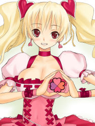 Rule 34 | 00s, 1girl, blonde hair, braid, breasts, cleavage, cure peach, dress, fresh precure!, hair ornament, heart, heart hair ornament, heart hands, long hair, magical girl, momozono love, morozou, pink eyes, precure, smile, solo, twintails