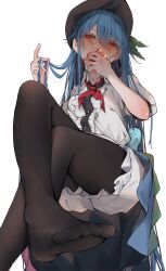 Rule 34 | 1girl, ass, black hat, black pantyhose, blue hair, blush, collared shirt, commentary request, embarrassed, feet, food, foot focus, foot out of frame, foreshortening, fruit, hat, highres, hinanawi tenshi, holding, holding food, holding fruit, knee up, long hair, no shoes, over-kneehighs, pantyhose, peach, presenting foot, puffy short sleeves, puffy sleeves, red eyes, shirt, short sleeves, simple background, solo, thighhighs, toes, touhou, tsune (tune), variant set, white background, white shirt, white thighhighs