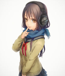 Rule 34 | 1girl, bad id, bad pixiv id, blue scarf, brown eyes, brown hair, buttons, enpera, finger to mouth, grey background, hand up, headphones, long hair, long sleeves, looking at viewer, looking to the side, neck ribbon, original, pleated skirt, red ribbon, revision, ribbon, scarf, school uniform, serafuku, simple background, skirt, smile, solo, yamano uzura