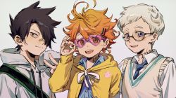 Rule 34 | 1girl, 2boys, ahoge, black eyes, black hair, blue eyes, buttons, emma (yakusoku no neverland), glasses, green eyes, grey background, hair ornament, hair over one eye, hairclip, hairpin, happy, heart, jacket, long sleeves, looking at viewer, multiple boys, neck tattoo, necktie, norman (yakusoku no neverland), number tattoo, open mouth, orange hair, qin (7833198), ray (yakusoku no neverland), shirt, short hair, simple background, sketch, smile, sunglasses, tattoo, teeth, tongue, vest, white hair, white shirt, yakusoku no neverland